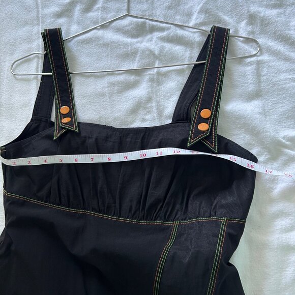 Unique black pinafore dress with orange and green stitching, ribbons & buttons - Picture 5 of 10